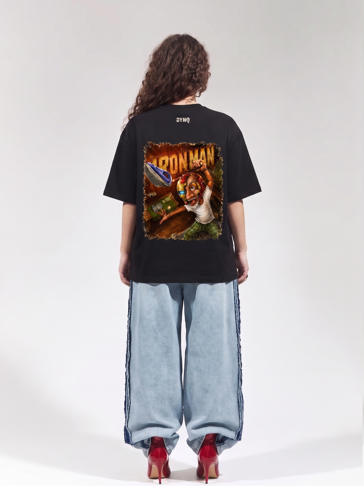 DYNQ Women's Desi Iron Man Graphic Oversized T-Shirt – Black