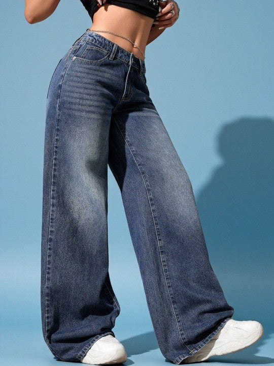 DYNQ Women's Wide Leg Jeans – High Rise Dark Blue Denim