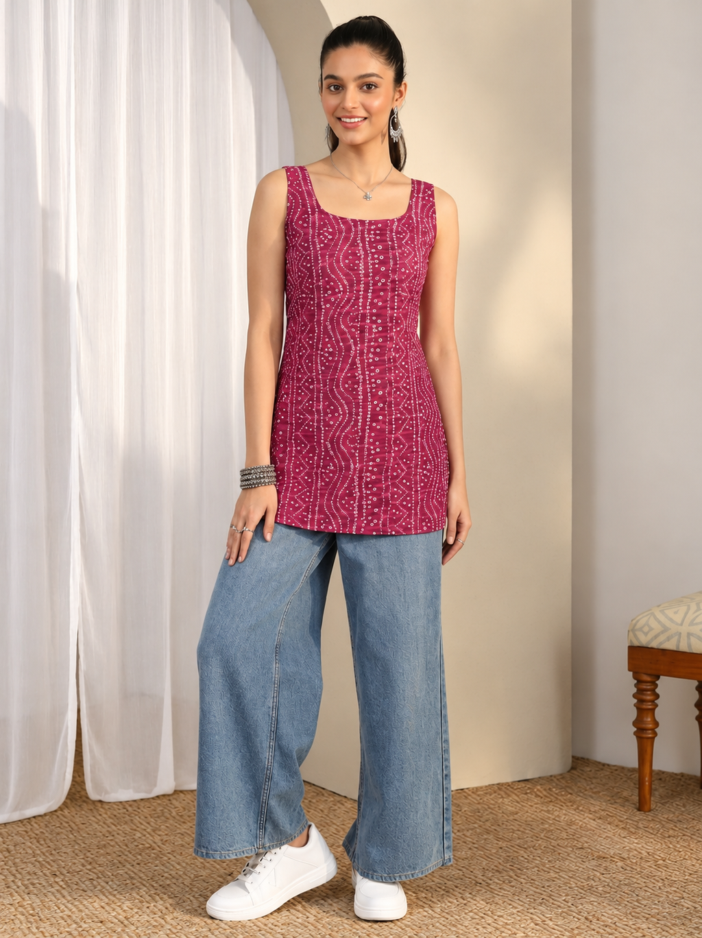 Dynique Bharat Women’s Bandhani Print Sleeveless Short Kurti | Pink Indo-Western Tunic