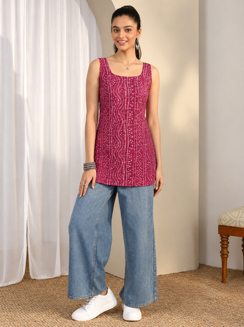 Dynique Bharat Women’s Bandhani Print Sleeveless Short Kurti | Pink Indo-Western Tunic