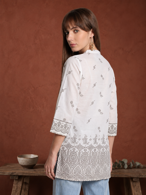 Dynique Bharat Women’s Pure Cotton White Printed Kurti | 3/4 Sleeve