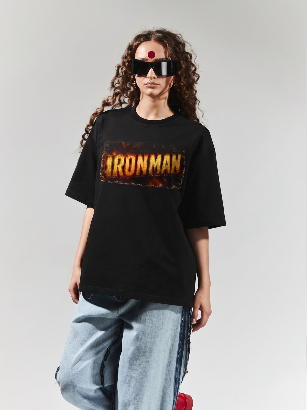 DYNQ Women's Desi Iron Man Graphic Oversized T-Shirt – Black
