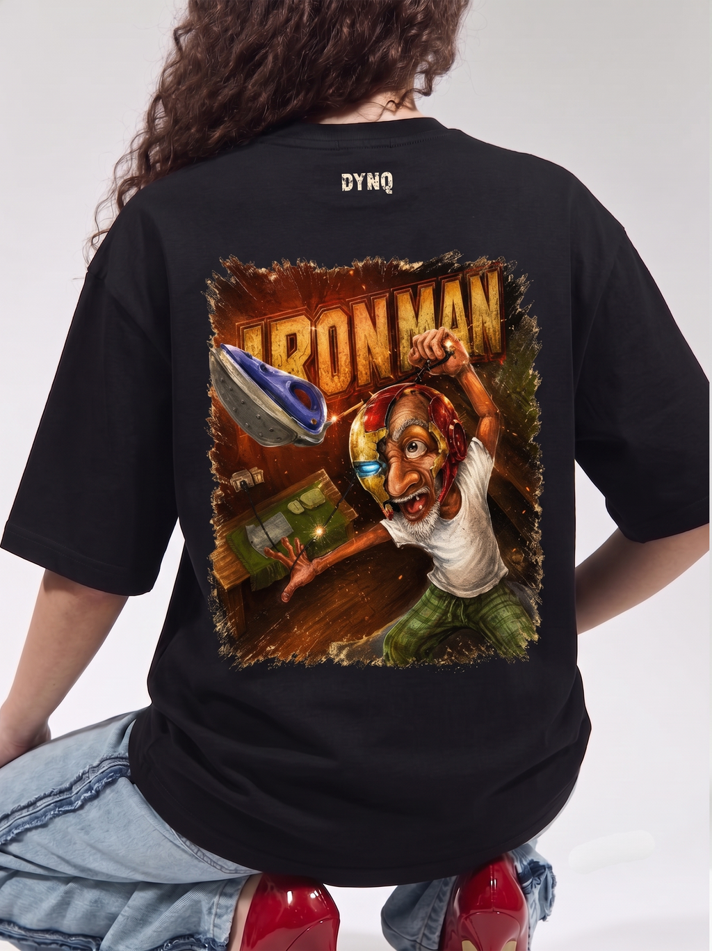 DYNQ Women's Desi Iron Man Graphic Oversized T-Shirt – Black