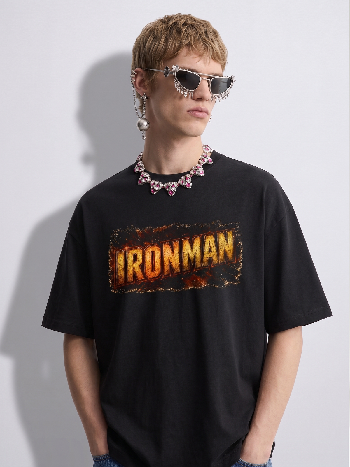 DYNQ Women's Desi Iron Man Graphic Oversized T-Shirt – Black
