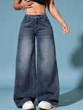 DYNQ Women's Wide Leg Jeans – High Rise Dark Blue Denim
