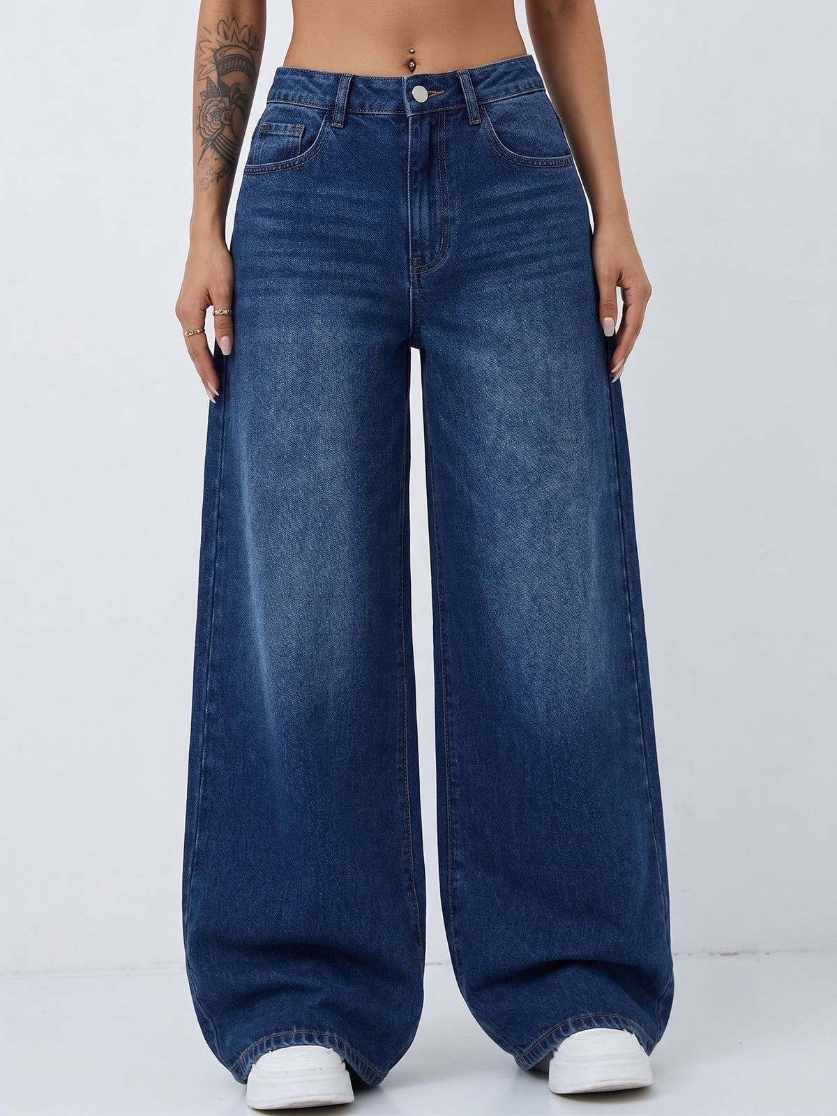 DYNQ Women's Wide Leg Jeans – High Rise Blue Denim