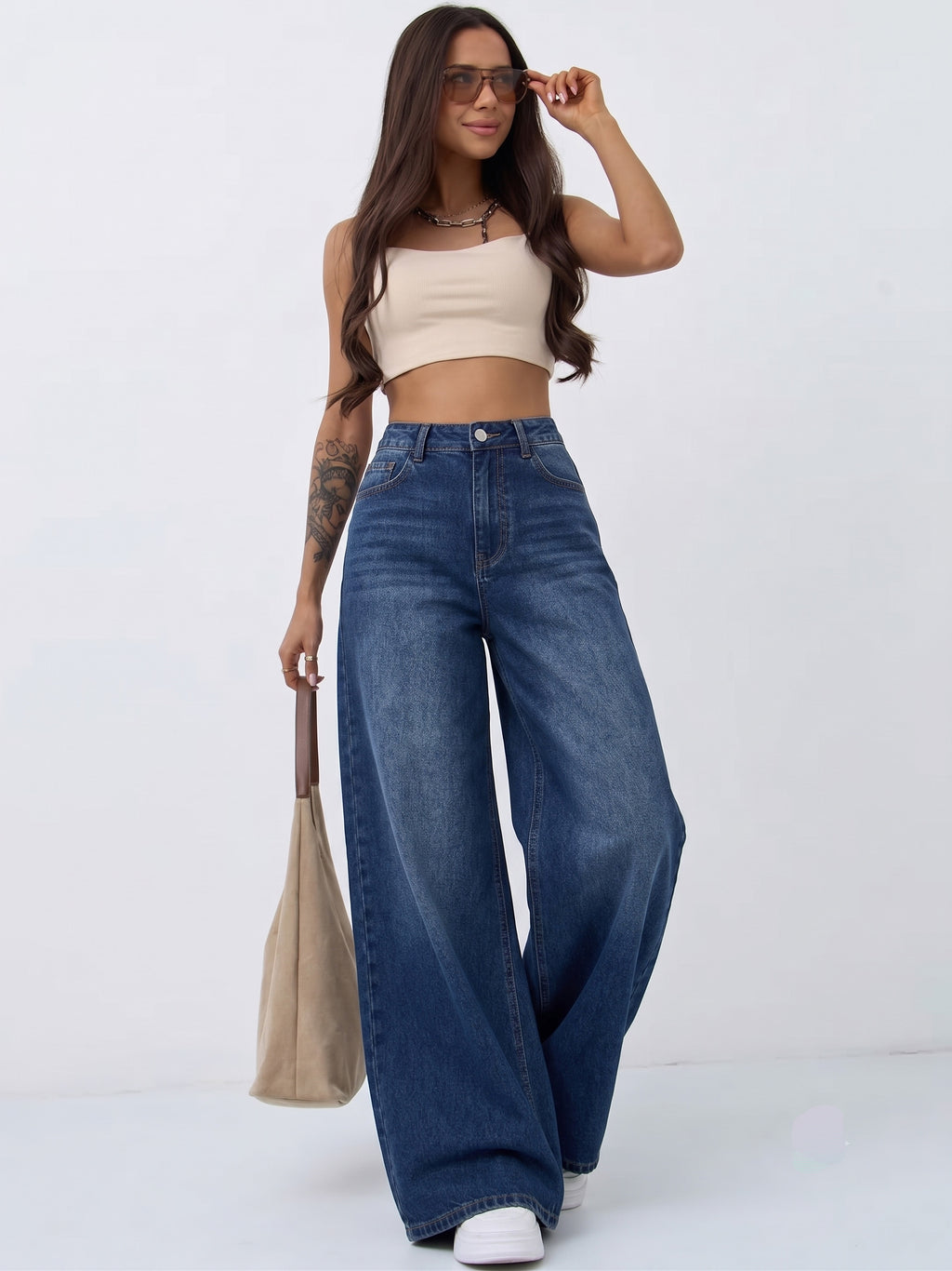 DYNQ Women's Wide Leg Jeans – High Rise Blue Denim